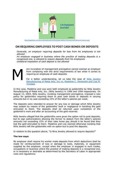 ON REQUIRING EMPLOYEES TO POST CASH BONDS OR .